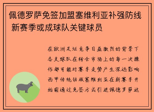 佩德罗萨免签加盟塞维利亚补强防线 新赛季或成球队关键球员 佩德罗萨免签加盟塞维利亚补强防线 新赛季或成球队关键球员